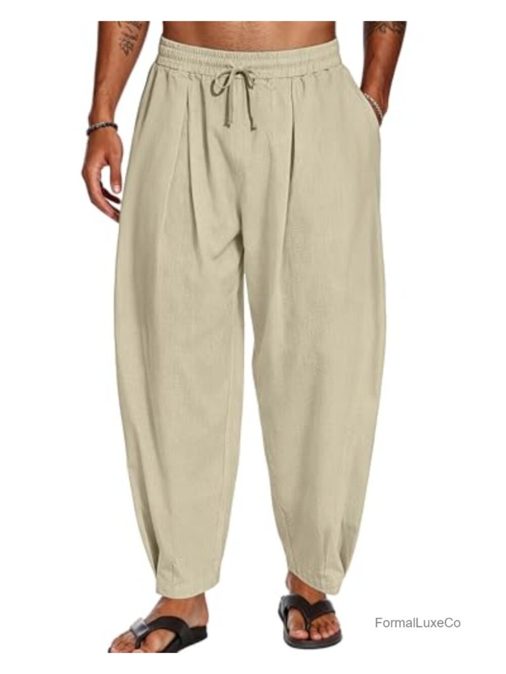 Men's Cotton Linen Harem Pants Loose Casual Elastic Waist Drawstring Summer